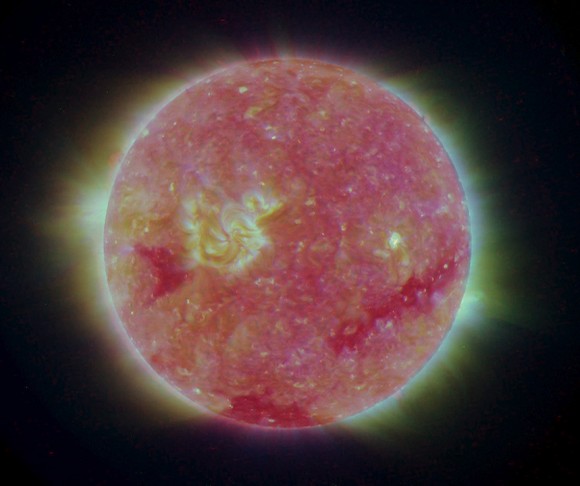 This image combines all of STEREO's wavelengths into one three-dimensional photograph (visible with 3D anaglyph glasses). Credit: NASA
