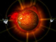An artist rendering of the twin STEREO spacecraft observing an erupting sun.