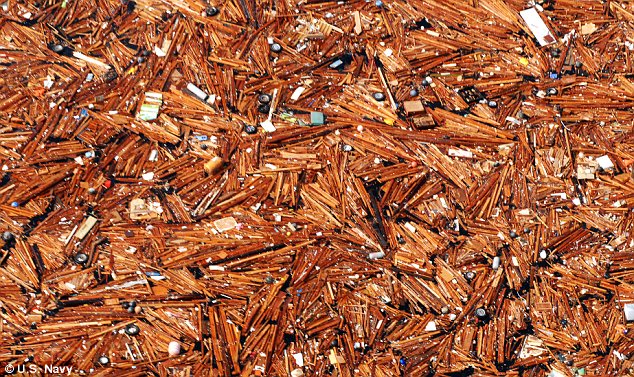 Vast: An aerial view of debris off the coast of Japan shows massive amounts of timber, tyres and parts of houses. The U.S. Navy said they had never seen anything like it