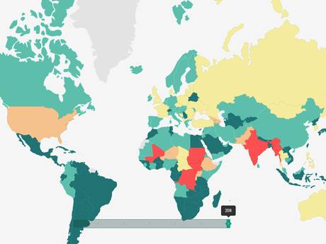 Number of countries involved in external conflicts (defined by which have led to more than 25 deaths). The 'green' countries are the most peaceful (IEP)