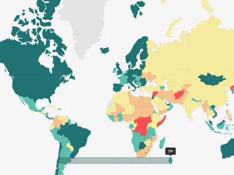The Global Peace Index chart for internal conflicts, showing the countries defined as having 'no conflict' in dark green (IEP)