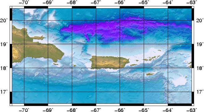Perspective view of the sea floor of the Atlantic Ocean and the Caribbean Sea. The Lesser Antilles are on the lower left side of the view and Florida is on the upper right. The purple sea floor at the center of the view is the Puerto Rico trench, the deepest part of the Atlantic Ocean and the Caribbean Sea. Image Vsmith