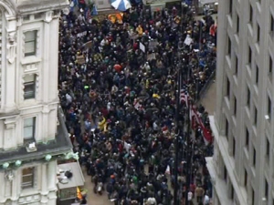 Occupy Wall Street Day Of Action Crowd Occupy Wall Street protesters march in lower Manhattan on Thursday, Nov. 17, 2011 (credit: CBS 2)